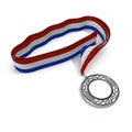 Silver medal on white-blue-red ribbon . 3D illustration Royalty Free Stock Photo