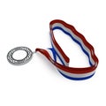 Silver medal on white-blue-red ribbon . 3D illustration Royalty Free Stock Photo