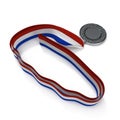 Silver medal on white-blue-red ribbon isolated. 3D illustration Royalty Free Stock Photo