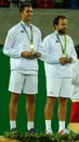 Silver medalists Horia Tecau (L) and Florin Mergea of Romania during medal ceremony after men's doubles final of the Rio 2016