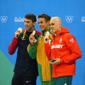 Silver medalists Michael Phelps USA (L), Laszlo Cseh HUN and Chad le Clos RSA during medal ceremony