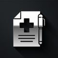 Silver Medical prescription and pen icon isolated on black background. Rx form. Recipe medical. Pharmacy or medicine