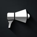 Silver Megaphone icon isolated on black background. Speaker sign. Long shadow style. Vector Illustration