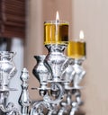 Silver Menorah Hanukkah With olive oil Royalty Free Stock Photo