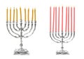 Silver menorahs with burning candles on white background. Hanukkah celebration Royalty Free Stock Photo