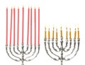 Silver menorahs with burning candles on white background. Hanukkah celebration Royalty Free Stock Photo