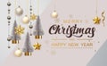 Silver Merry Christmas balls light white background. Festive Xmas decoration gold glass Christmas balls and glossy Royalty Free Stock Photo