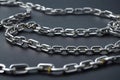 Silver Metal Chain With Multiple Linked Components In Front Of A Grey Blurred Background close up view Royalty Free Stock Photo