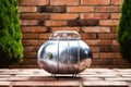 a silver metal cylinder of propane gas on a brick wall Royalty Free Stock Photo