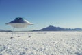 Silver Metal Flying Saucer UFO Harsh White Desert Planet Landscape