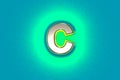 Silver metal font with yellow outline and green noisy backlight - letter C isolated on blue, 3D illustration of symbols Royalty Free Stock Photo