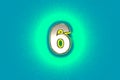 Silver metal font with yellow outline and green noisy backlight - number 6 isolated on blue, 3D illustration of symbols Royalty Free Stock Photo