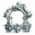 Silver metal frame of a curved, fancy shape on a white background, color tints and transitions, element of design