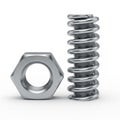 Silver Metal Hexagonal Nut and Coil Spring on White Background hex nut steel Royalty Free Stock Photo