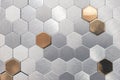 SilverÃÆ metal mosaic tile with golden elements. Metal mosaic in the form of honeycombs