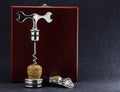 Wine set of corkscrew in a bartender`s box