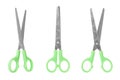 Silver metal open and closed scissors with green plastic handle white background isolated closeup, steel cutting tool for paper