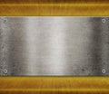 Silver metal plate with rivets on gold background. Design template.  3d illustration Royalty Free Stock Photo