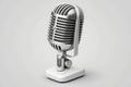 Silver metal retro tabletop audio microphone on a stand. Public speaking, podcast. Talking to audience. Realistic 3d illustration