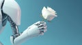 Silver metal robot arm reaches out to flower. Isolated in front of blue background. Conceptual photo on artificial