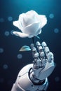 Silver metal robot arm reaches out to flower. Isolated in front of blue background. Conceptual photo on artificial