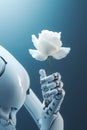 Silver metal robot arm reaches out to flower. Isolated in front of blue background. Conceptual photo on artificial