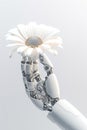 A silver metal robot arm reaches out to flower. Isolated in front of white background. Conceptual photo on artificial