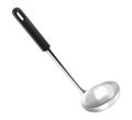 Silver metal soup ladle for first courses isolated on white background. Stainless steel scoop with black handle. Realistic 3D