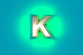 Silver metallic font with yellow outline and green noisy backlight - letter K isolated on teal background, 3D illustration of Royalty Free Stock Photo