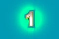 Silver metallic font with yellow outline and green noisy backlight - number 1 isolated on teal background, 3D illustration of Royalty Free Stock Photo