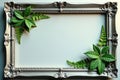 Silver metallic frame with delicate fern motif, high resolution, macro
