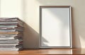 Silver metallic A4 frame stands by tall stack of magazines. Blank copy space on frame for text. Indoor shot on wooden table, soft Royalty Free Stock Photo