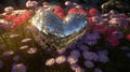 A silver and metallic heart surrounded by flowers