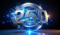 Silver metallic number 250 with glowing blue sparks and circular frame on dark background. Generative AI Royalty Free Stock Photo