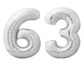 Silver number 63 sixty three made of inflatable balloon isolated on white