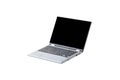 Silver metallic open laptop with empty black screen, side view, isolated on white. Royalty Free Stock Photo