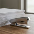 A silver metallic stapler sits on a wooden desk beside a large stack of white printer paper