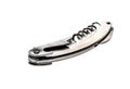 Silver metallic wine corkscrew bottle opener on white background