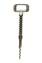 Silver metallic wine corkscrew bottle opener on white background.