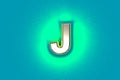 Silver metalline font with yellow outline and green noisy backlight - letter J isolated on teal background, 3D illustration of Royalty Free Stock Photo