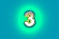 Silver metalline font with yellow outline and green noisy backlight - number 3 isolated on teal background, 3D illustration of Royalty Free Stock Photo