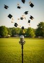 Silver Microphone and Flying Graduation Caps in a Green Field Royalty Free Stock Photo