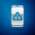 Silver Mobile phone with exclamation mark icon isolated on blue background. Alert message smartphone notification