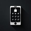 Silver Mobile phone and graphic password protection icon isolated on black background. Security, personal access, user