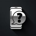 Silver Mobile phone with question icon isolated on black background. Long shadow style. Vector Illustration