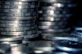 Silver money coin stacking on dark background