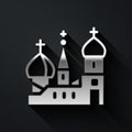 Silver Moscow symbol - Saint Basil`s Cathedral, Russia icon isolated on black background. Long shadow style. Vector