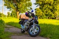 Silver motorcycle cruiser stands by the road Royalty Free Stock Photo