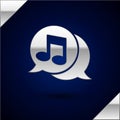 Silver Musical note in speech bubble icon isolated on dark blue background. Music and sound concept. Vector