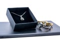 Silver necklace in a box and two beautiful watches Royalty Free Stock Photo